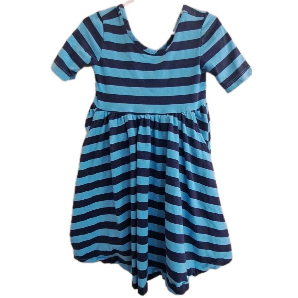 Hanna Andersson 4 "Twirl + Stripe" Half Sleeve Blue Fit & Flair Dress Pockets